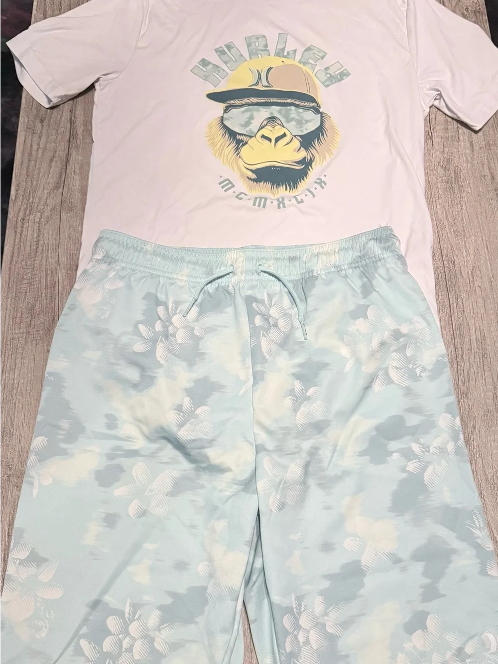 Hurley Kids Light Blue and White Swim Trunks with Graphic Tee Set